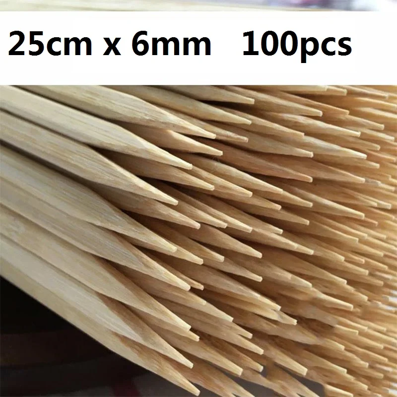 25cm*6mm Disposable Bamboo Skewers Natural Wood Flat BBQ Skewer Sticks Xmas Party BBQ Accessories Restaurant Utensils 100-300pcs