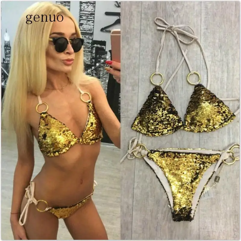 Women Triangle Bikini Set Low Waist Bathing Suit Shiny Sequin Sexy String Beachwear Cross High Neck Halter Swimsuit