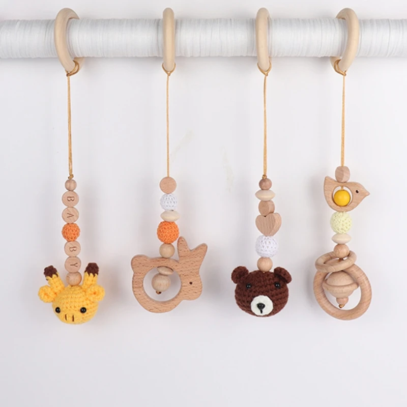 4 Pcs/Set Baby Gym Frame Pendants Crochet Rattle Wooden Teether Infant Newborn Teething Nursing Toys Shower Gifts Room Decor