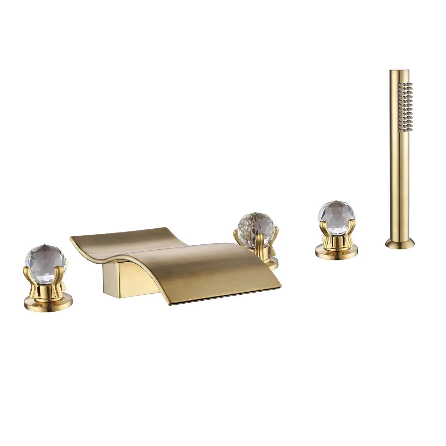 Top Quality Luxury Brushed gold Brass Crystal 5 Holes Bathroom Shower faucet set Waterfall Bathtub faucet set Cold hot water