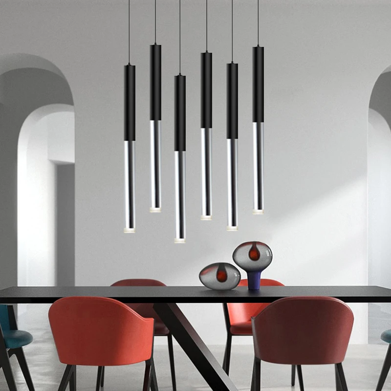 Pendant Light LED Lamp Modern Long Cylinder Matt Black & Chrome Aviation Aluminum Clear Acrylic Dining Room Bar Lights CE