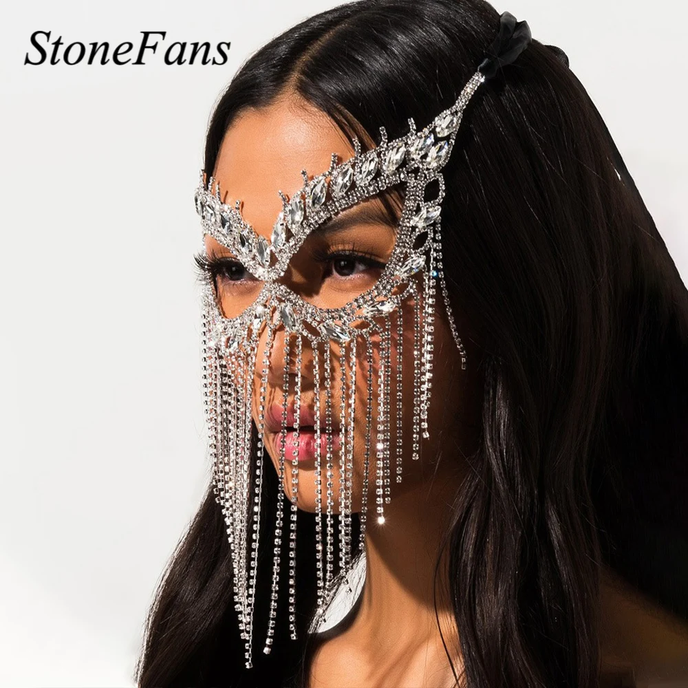 Stonefans Fashion Wedding Tassel Mask for Face Women Jewellery Halloween Luxury Crystal Anonymous Mask Decoration Accessories