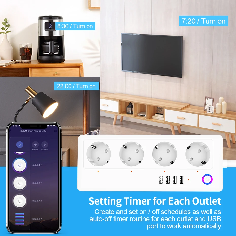 Tomada Inteligente Tuya Smart Life, Power Strip, Plugue Multi com Portas 4USB, Compatível com Alexa, Google Home, 4 Portas USB