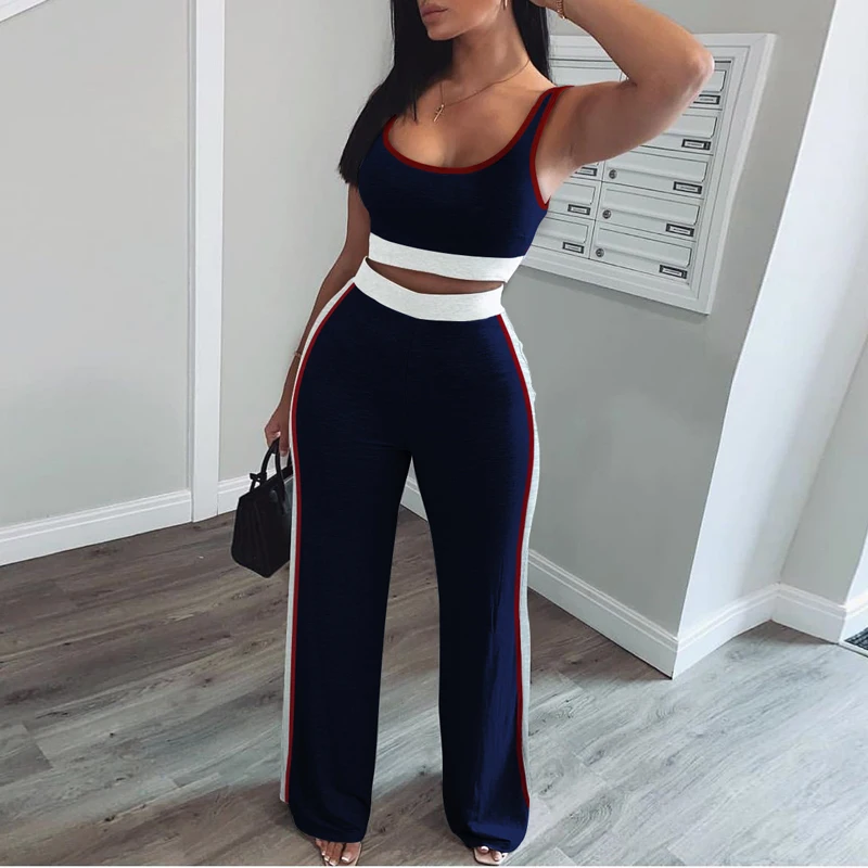 Summer Women's Sportswear Suit Sexy V-neck Sleeveless Navel Bare Wide Leg Pants Yoga Fitness Jogging Sports Suit 2-piece Set