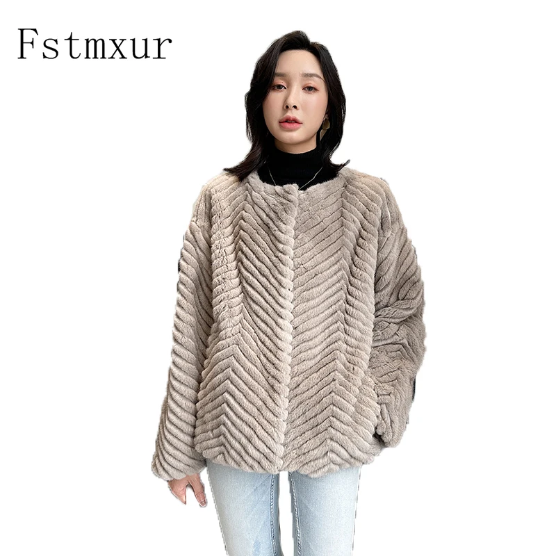 Fstmxur 2021 New Update Autumn And Winter Womens Full Sleeve O-Neck Natural Soft Striped Short Mink Fur Coats