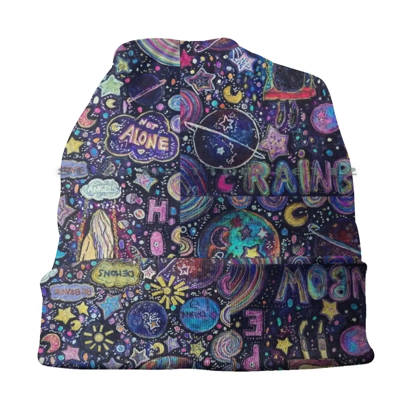 Space Beanies Knit Hat Devil Rainbow Psychedelic Stars Planets Brave Blue Night Sky Gilter Universe Sun Angels Or Demons