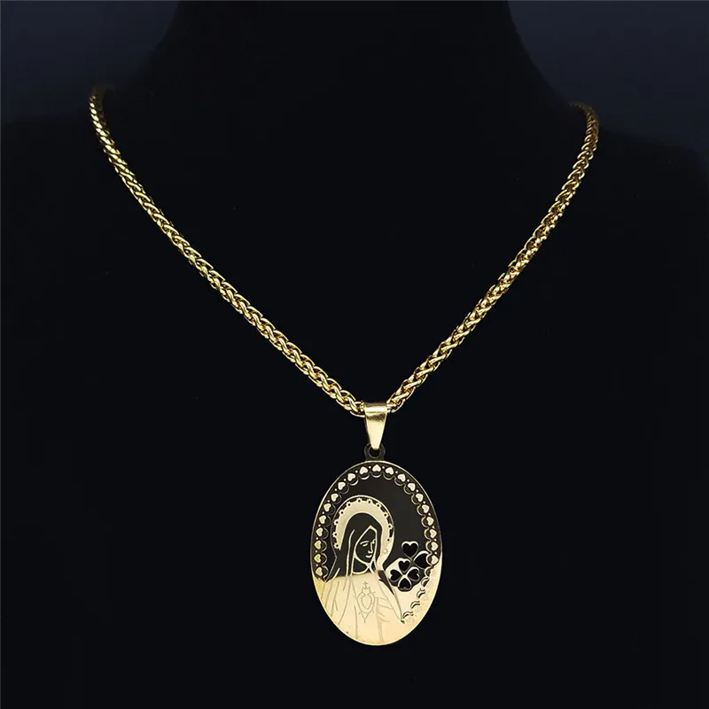 Double Layer Stainless Steel Virgin Mary Medal Pendant Necklace Women/Men Gold Color Long Chain Necklaces Jewelry collier N7406