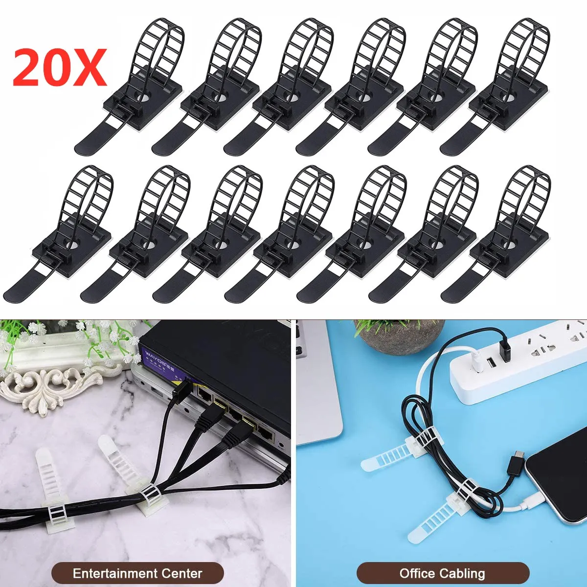 

5/20PCS Cable Organizer Self Adhesive Cable Clips Table Cable Management Adjustable Cord Holder For Car PC Charging Wire Winder