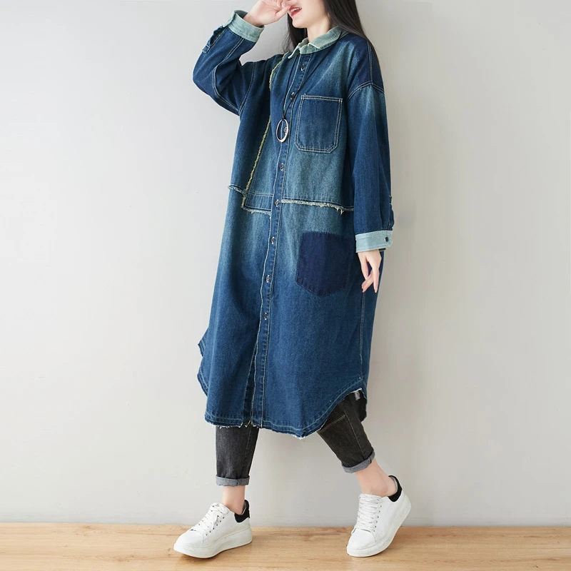 Women Oversized Long Denim Trench Big size Loose Patchwork cowboy Windbreakers Baggy Vintage Cardigan Long  Jean Outerwear