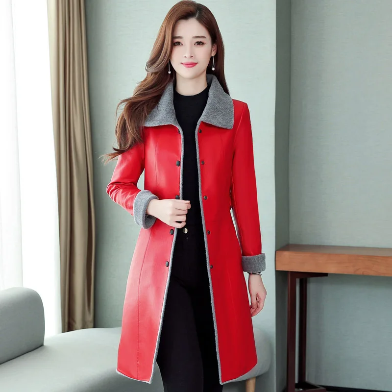 High Quality Autumn Winter Leather Jacket Women Add Velvet Thick Warm Overcoat Faux Sheepskin Coat Female 6XL Long Outerwear