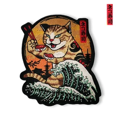 Cute Cat Eating Sushi Embroidery Patches Iron on Patches for Clothes Jacket Applique High Quality Beach Japan Culture Style DIY