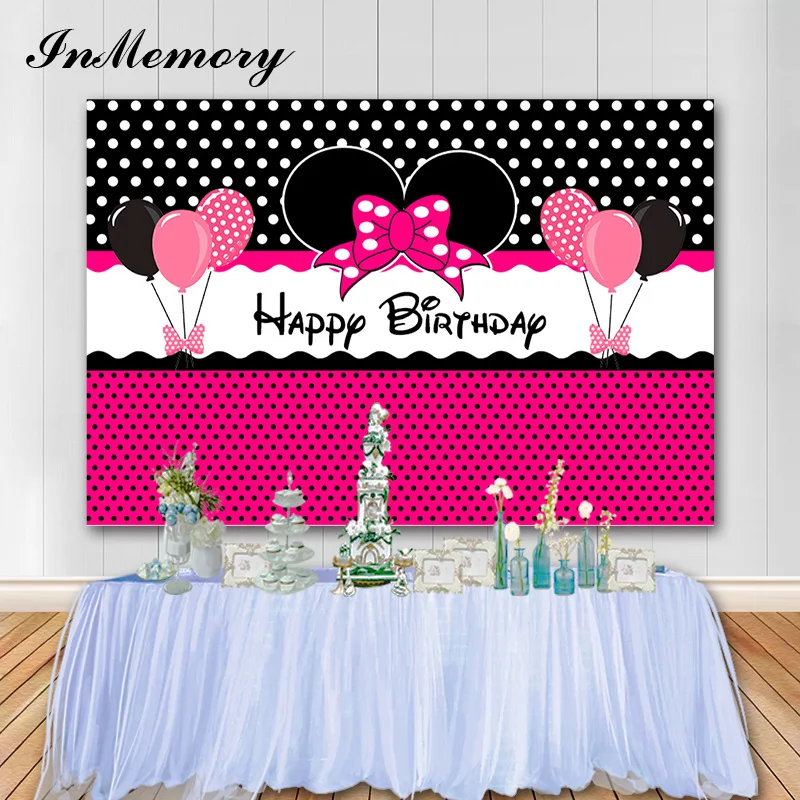 

InMemory Pink Dot Girl 1st Birthday Backdrop Balloon Bow Princess Party Photo Background Vinyl Photography Studio Props Photocal