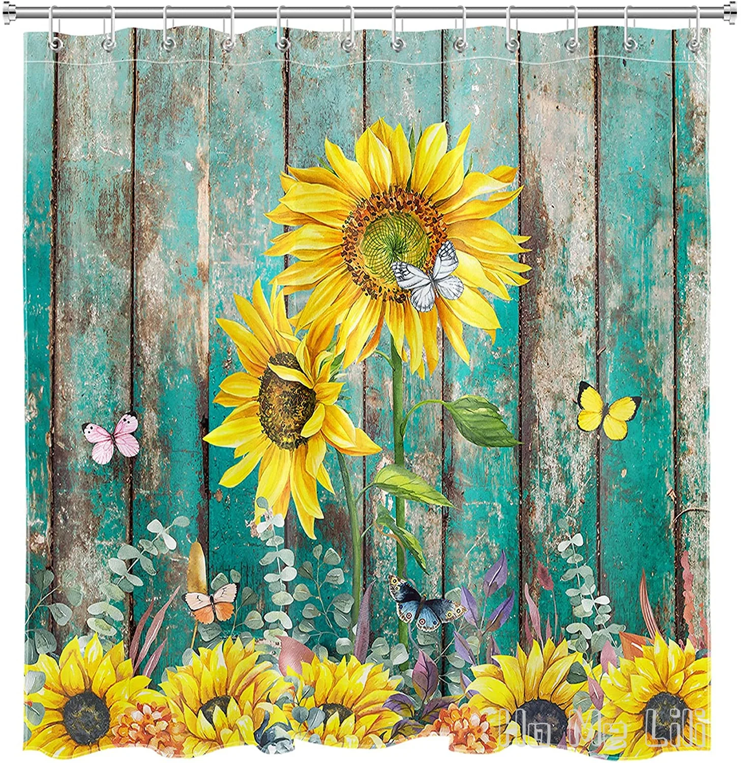 

Rustic Sunflower By Ho Me Lili Shower Curtain Teal Wooden Board With Fall Floral Farmhouse Country For Bathroom Set With Hooks