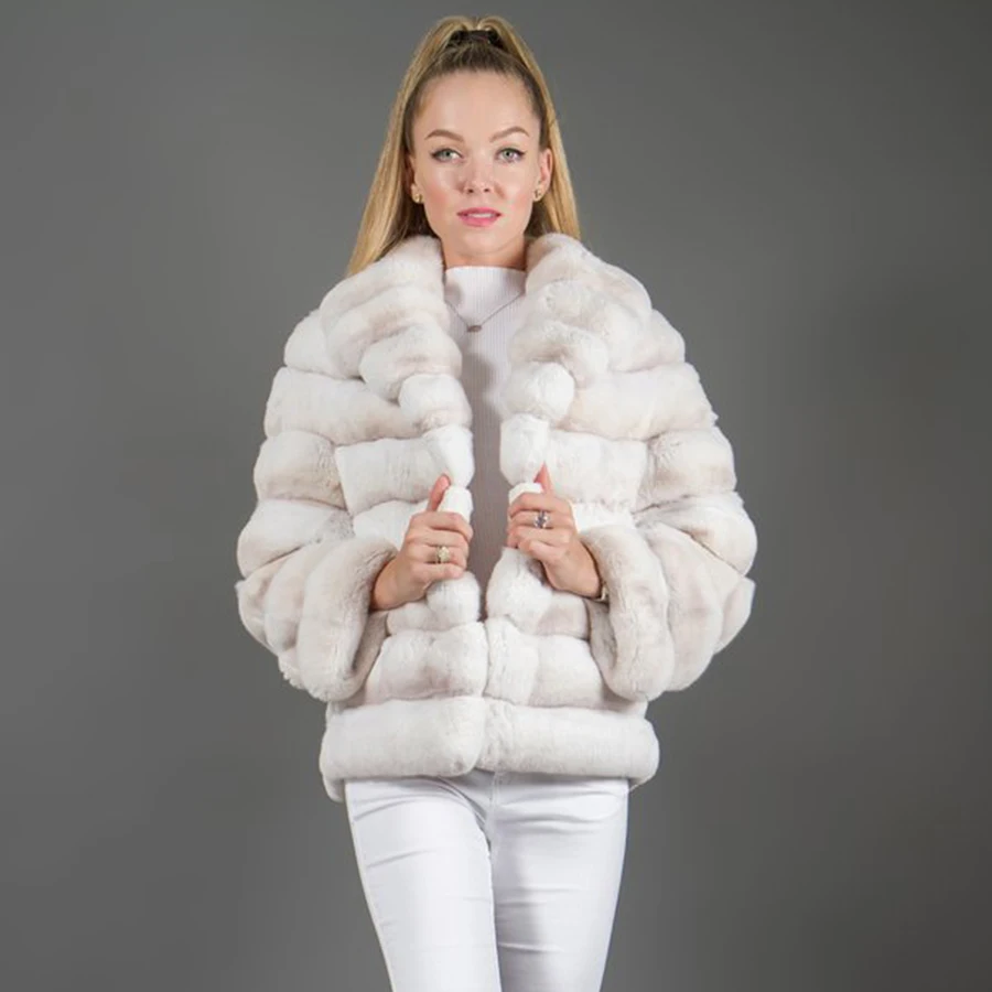 CNEGOVIK Fur Jacket Coat Women Winter Fashion Warm Real Rex Rabbit Fur Overcoat With Suit Collar