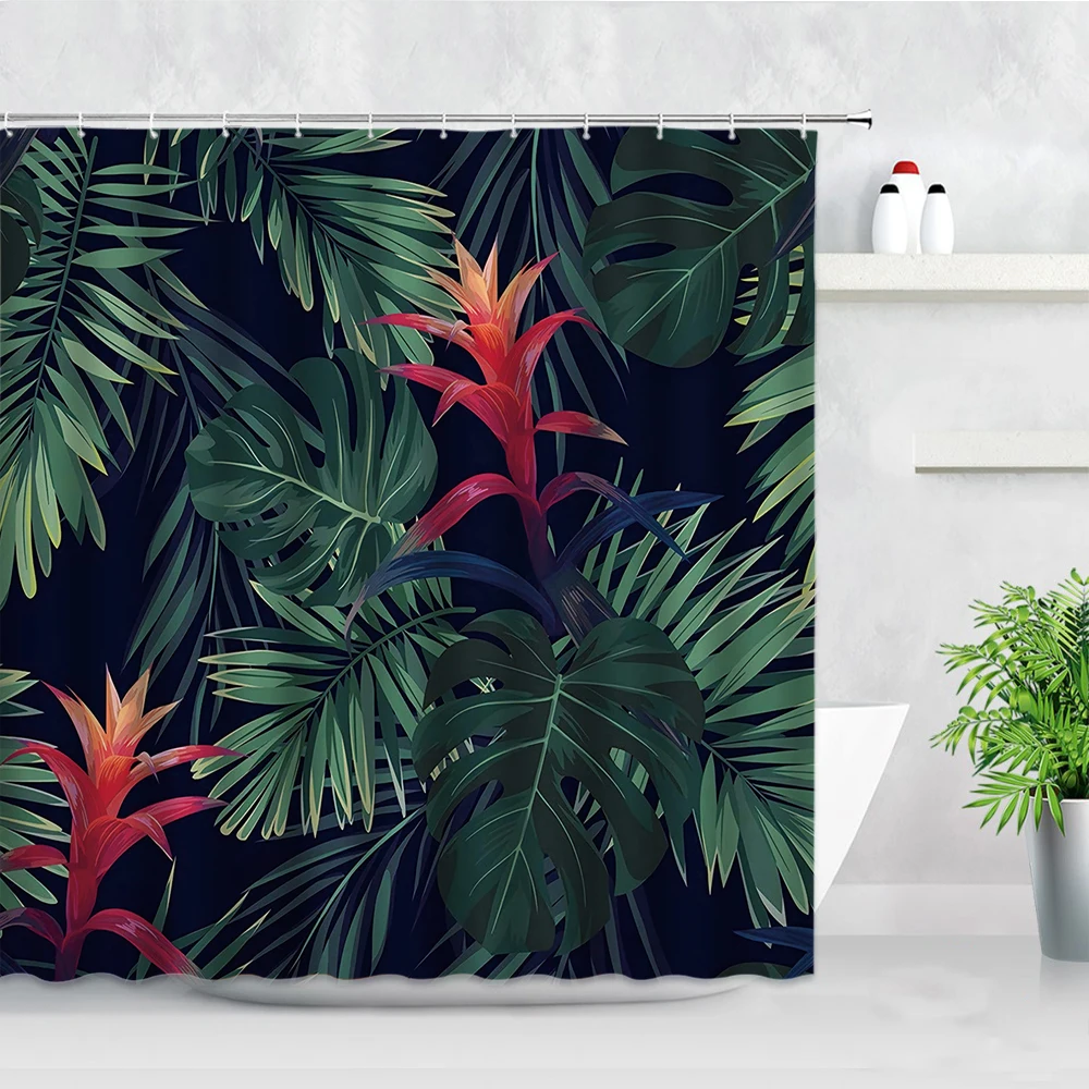 Tropical Plant Leaf Shower Curtains Flower Bird Parrot Green Palm Leaves Print Waterproof Fabric Home Decor Bathroom Curtain set