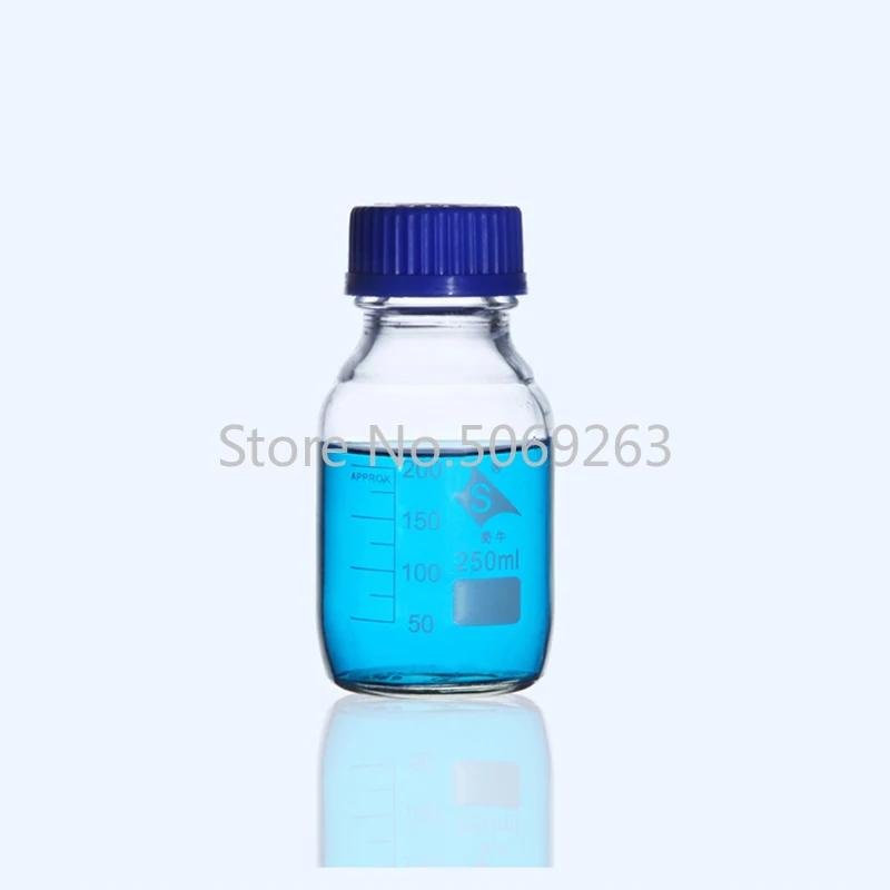 Bouteille de réactif en verre avec bouchon à vis bleu, capacité 100 ml, 250 ml, 500 ml, 1000ml, verrerie de chimie de laboratoire médical, 1 pièce