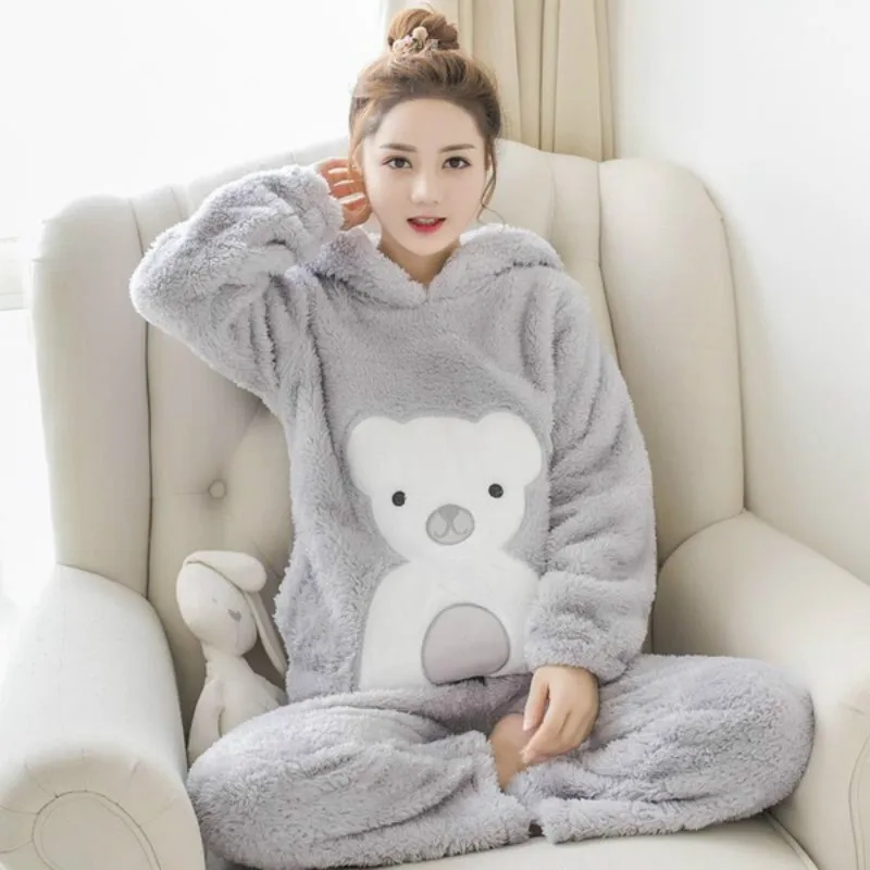 

H5703 Winter Women Pajamas Thickened Plush Warm Cute Hooded Nightwear Girls Korean Loose Plus Velvet Sleepwear Home Clothes Suit