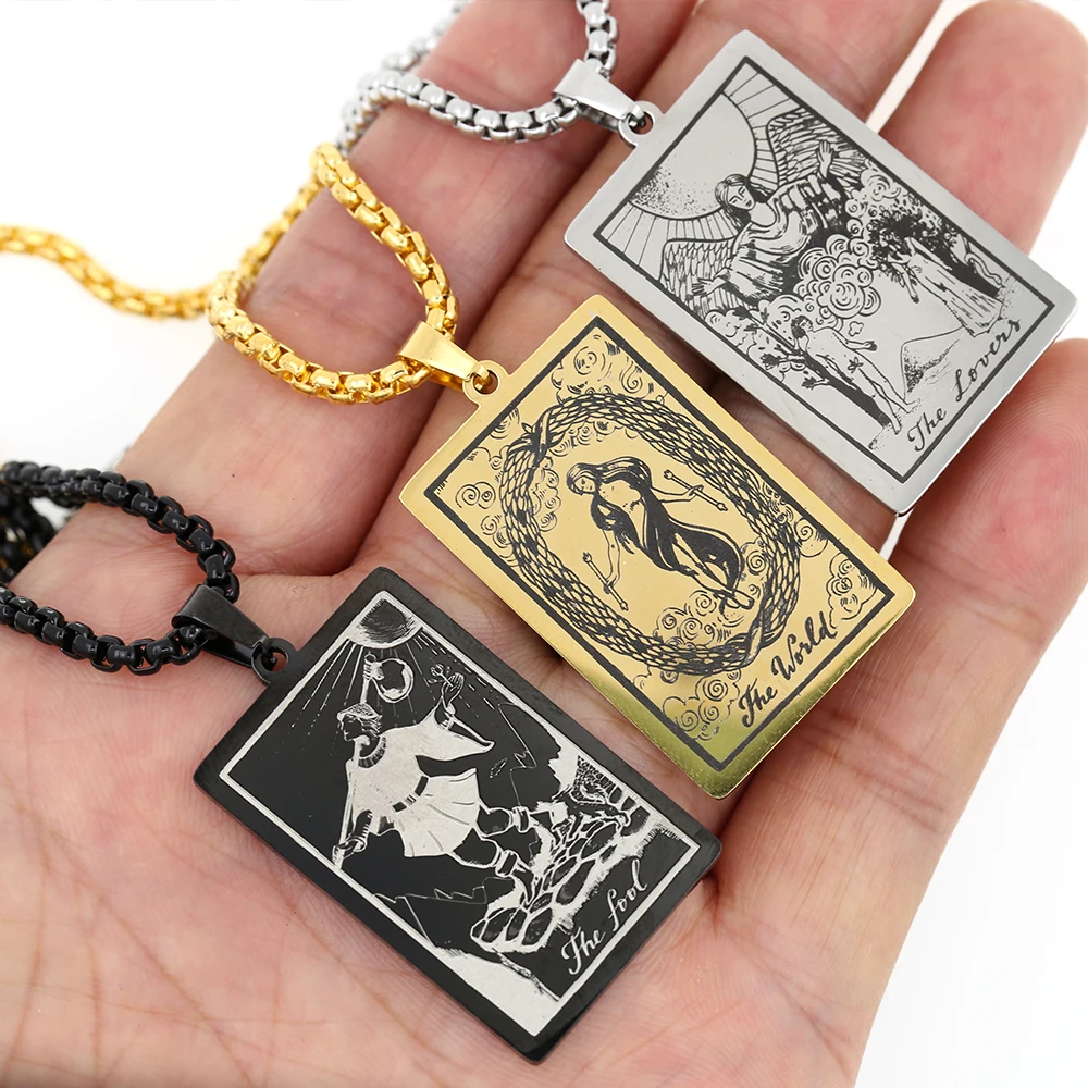 Retro Tarot Cards Esotericism Necklace Vintage Stainless Steel Jewelry Collar Tarot Good Luck Amulet The Major Arcana Pendant