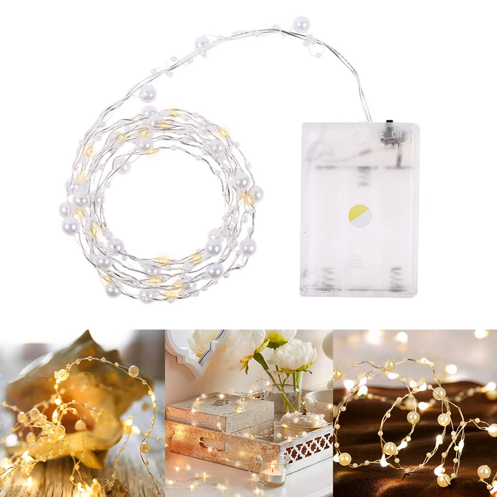  LED Pearl Copper Wire String Lights 2M 5M 10M Battery Power Garland Home DIY Fairy Lamps For Wedding Party Holiday Gifts