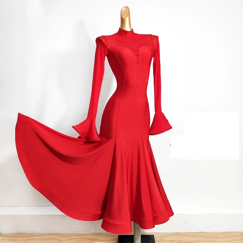 Ballroom Dance Dress For Women Red Long Sleeve Dress National Standard Dance Dress Modern Waltz Ballroom Dancing Clothes