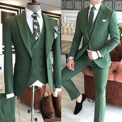 Groom Wear 3 Pieces Green Men Suits 2021 Slim Fit Peak Lapel One Button Tailor Made Terno Masculino (Jacket+Pants+Vest+Tie)