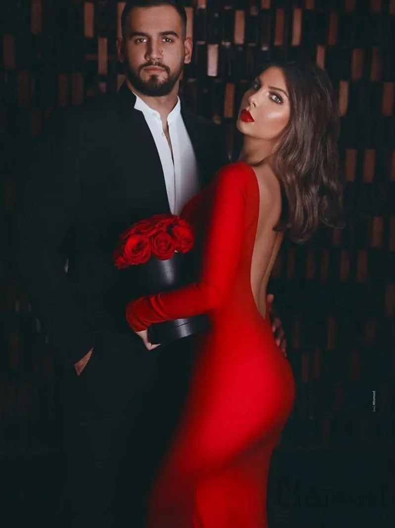 Rosso Backless Sexy Vestiti Da Sera Lunghi Vestidos De Fiesta De Noche Scollo A Barca Maniche Elegante Della Sirena di Promenade Del Partito Dell'abito