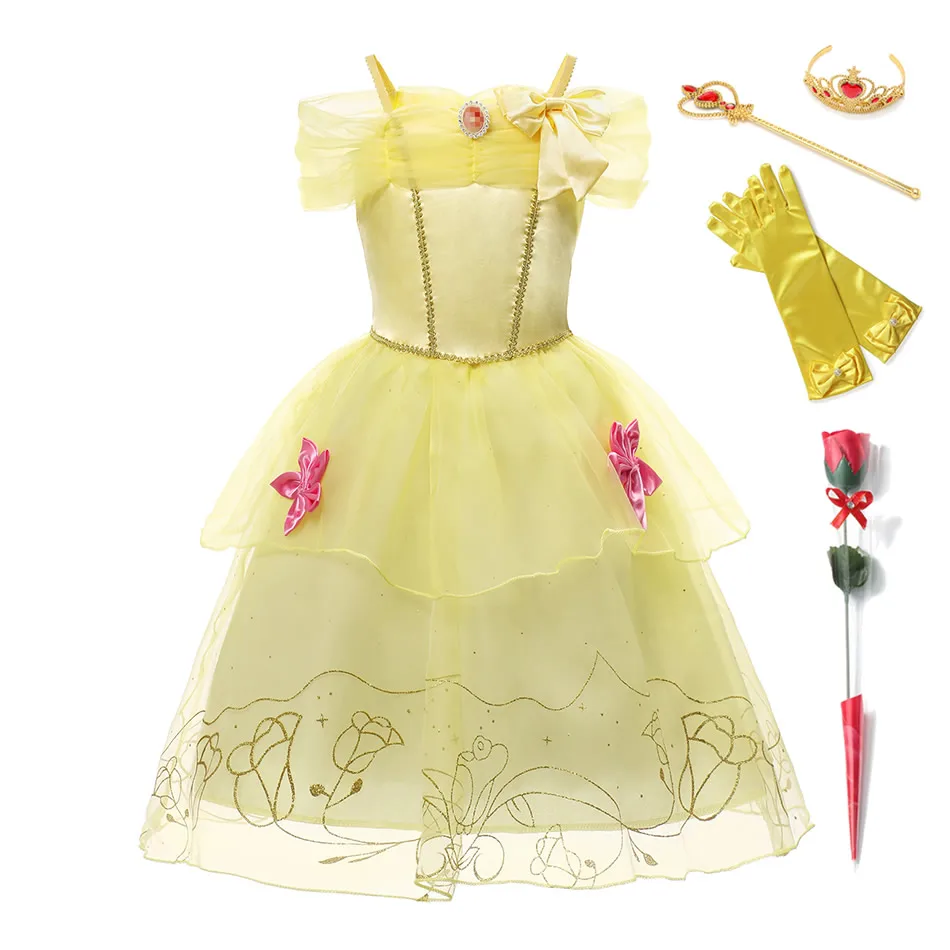 Belle Princess Dress For Girls Children Yellow Tulle Satin Gown Off Shoulder Rose Print Beauty And Beast Cosplay Clothes 2-8T