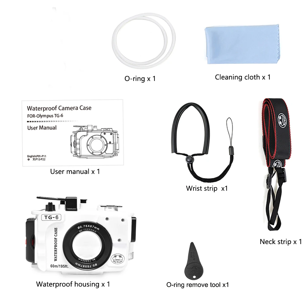 Seafrogs Case For Olympus TG6 60M/195ft Underwater Diving Camera Housing Waterproof Case With Dual Fiber-Optic Ports