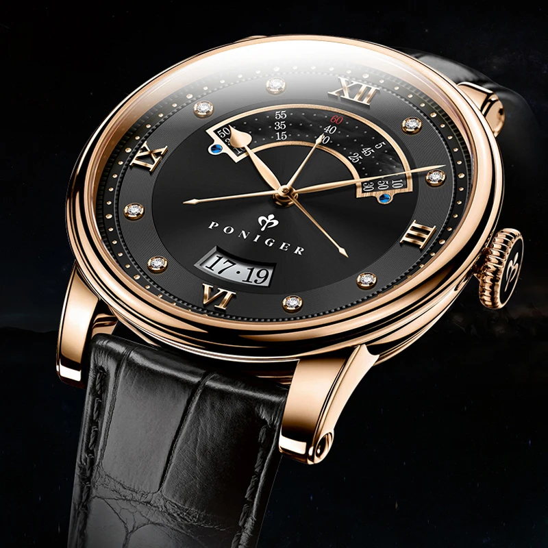 PONIGER Luxury Brand Men Watch MIYOTA Movement Business Male Wrist Watch Leather Strap Sapphire Glass Waterproof Watch