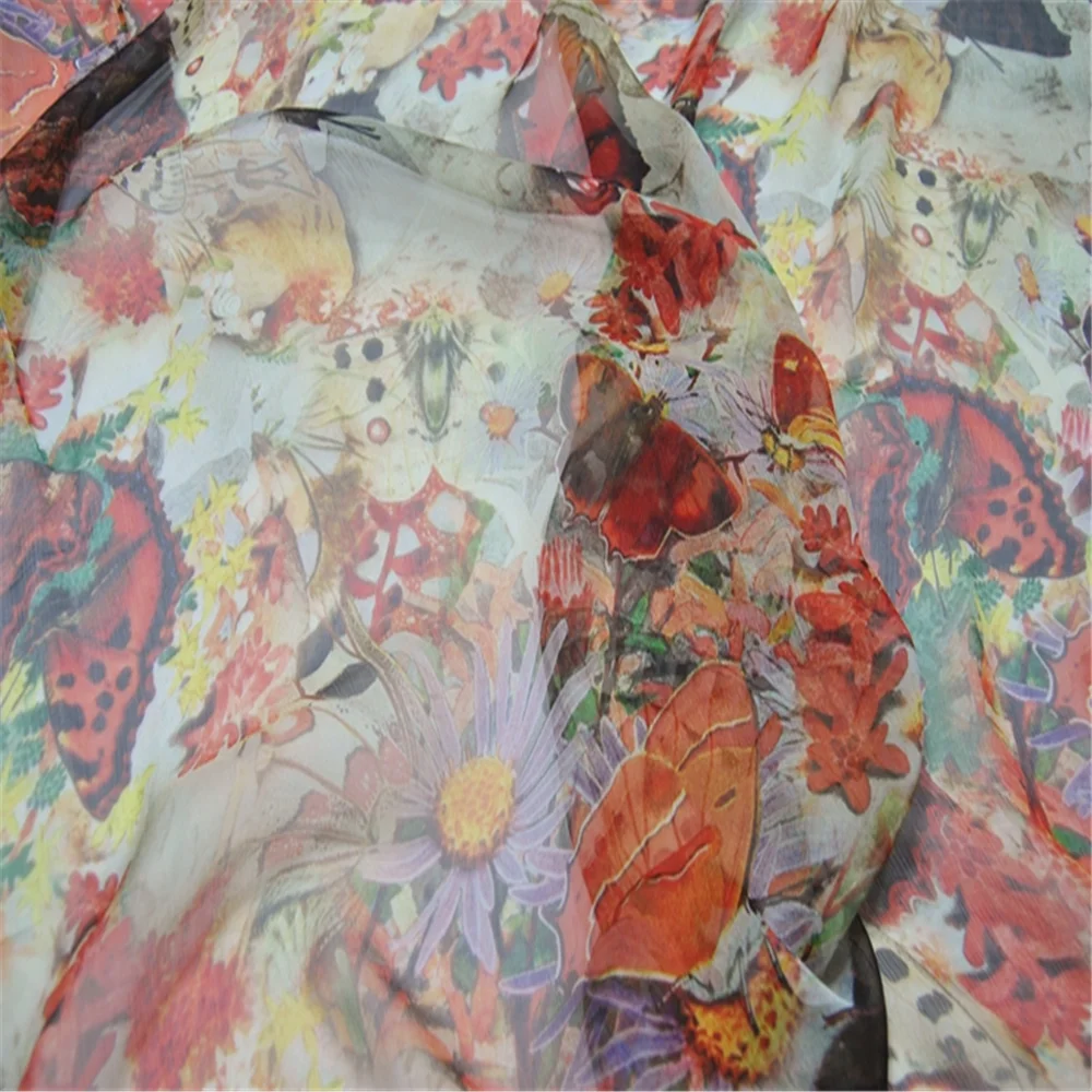 Hot Sale Butterfly Chrysanthemum Design Silk Crepe GGT Fabric with Nice Color for Girl Dress