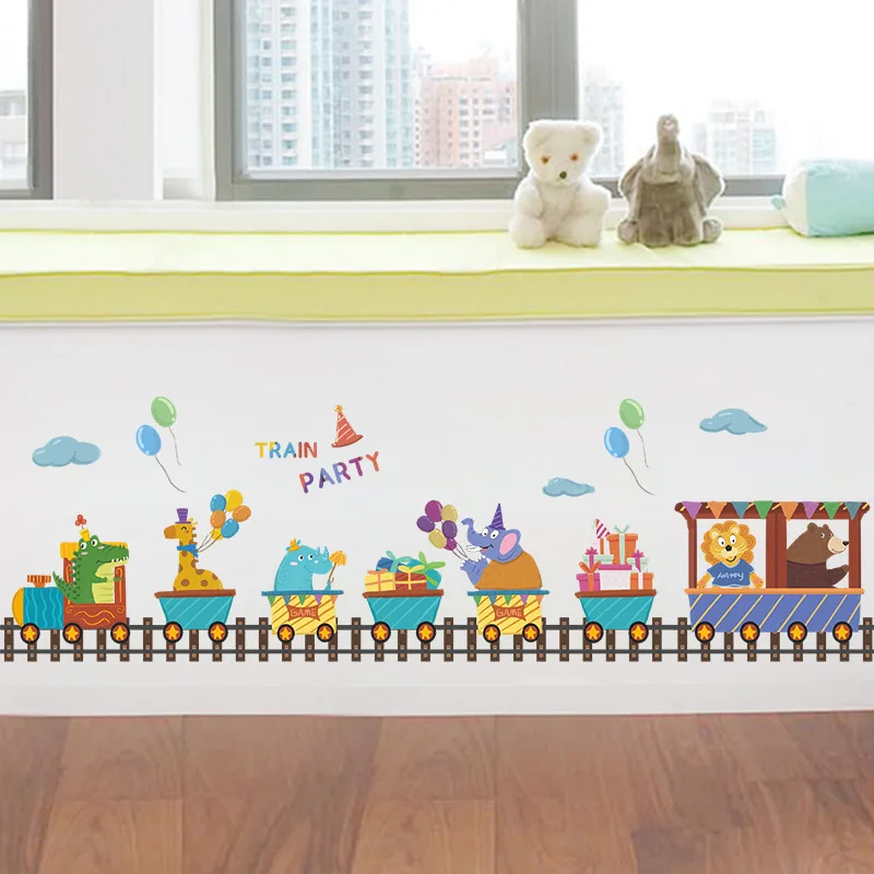 

Cartoon Animal Train Party Wall Sticker Kids Room Background Decoration Home Mural Baby Bedroom Living Room Decor Nursery Decals