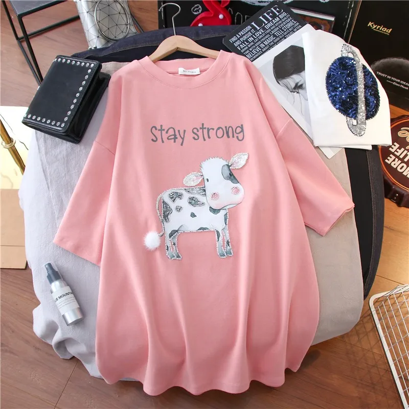 ZuoLunOuBa Summer Women's T Shirt Black Cartoon Harajuku Letter Print Strong Cow Short Sleeved Tees Tops