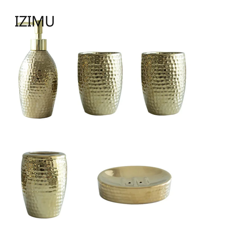 IZIMU Nordic Lxury Ceramic Toiletries Gargle Brushing Cup Golden Bathroom Five-piece Set Toilet Bathroom Soap Dispenser Set