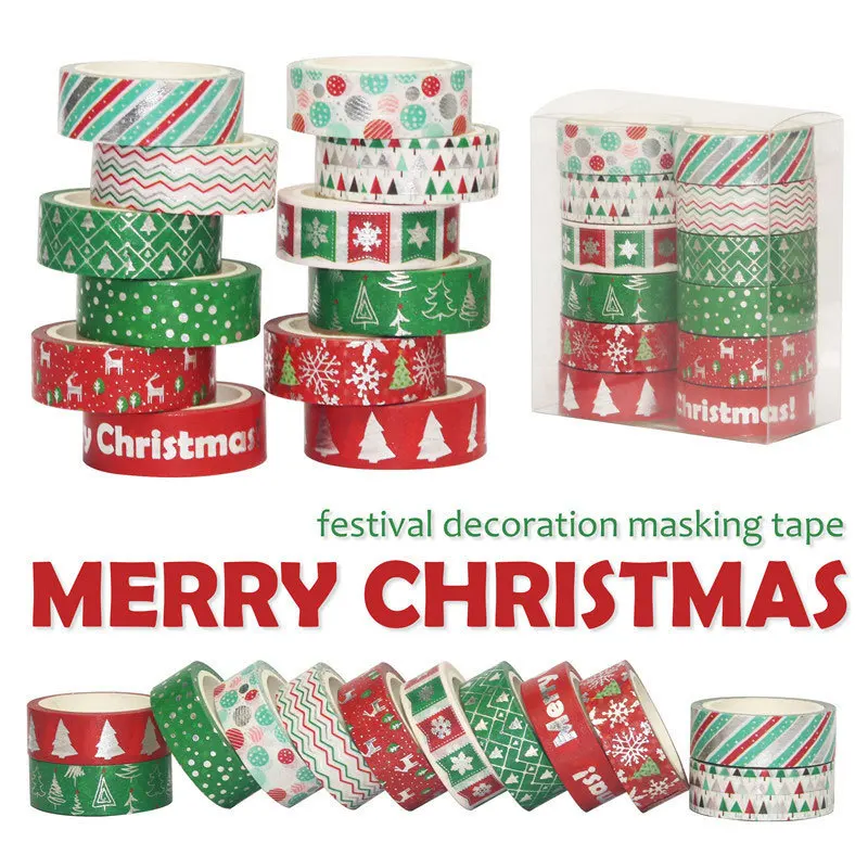 60 Meter Weihnachten Washi Tapes Set 12 Teile/los Dekorative Rot Grün Sterne Gold und Silber Folie Masking Band Niedlichen Schreibwaren