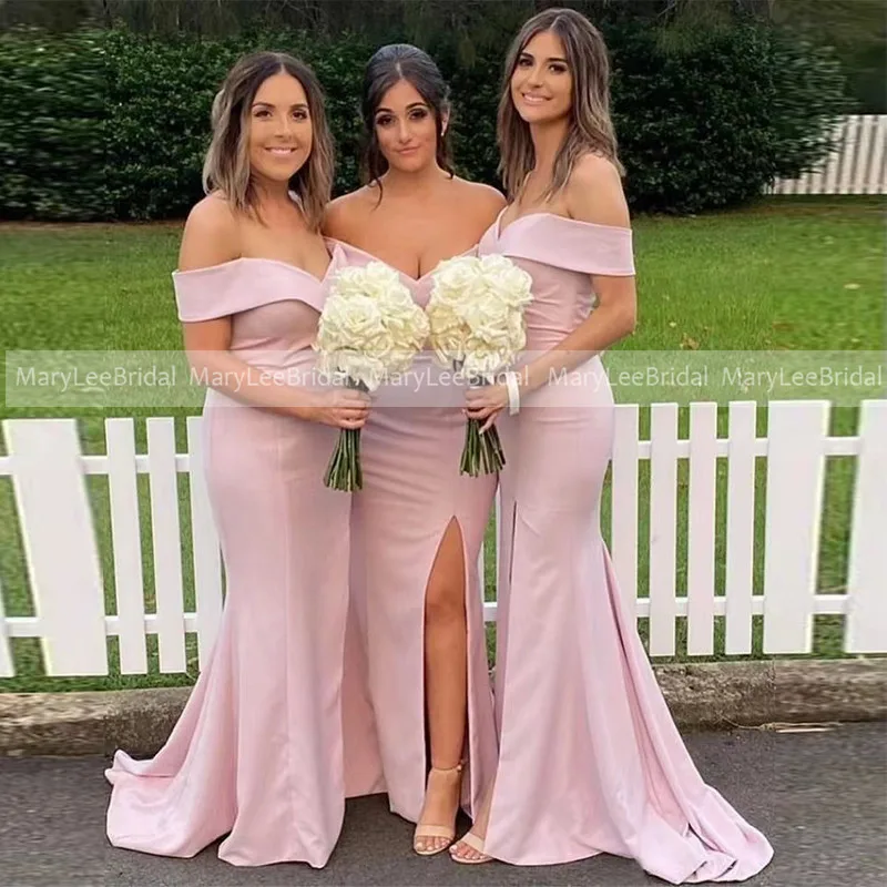 

Cheapest Pink Bridesmaid Dresses Mermaid Off the Shoulder Side Split Stretchy Wedding Guest Dress Long Reception Dress For Women