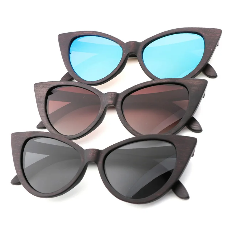 Black Cat Eye Wood Bamboo Polarized Sunglasses for Men and Women,Vintage Sun Glasses Gradient Lens UV400 Eyeglasses