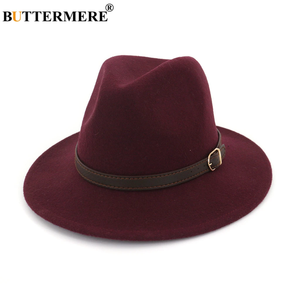 

BUTTERMERE100% Wool Fedora Hat for Women Men Vintage Wide Brim Fedoras Felt Hat Jazz Couple Cap Burgundy Black Navy Camel Hat