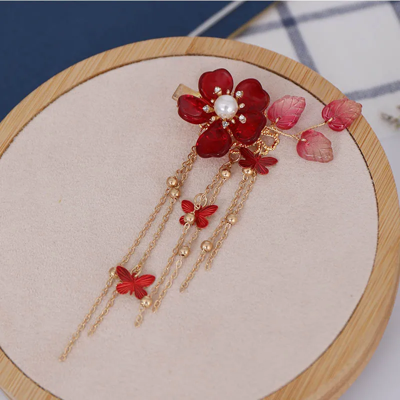 Chinese Style Hair Clip For Women Exquisite Red Flower Hairpins Crystal Headwear Long Butterfly Tassels Jewelry Hair Accessories