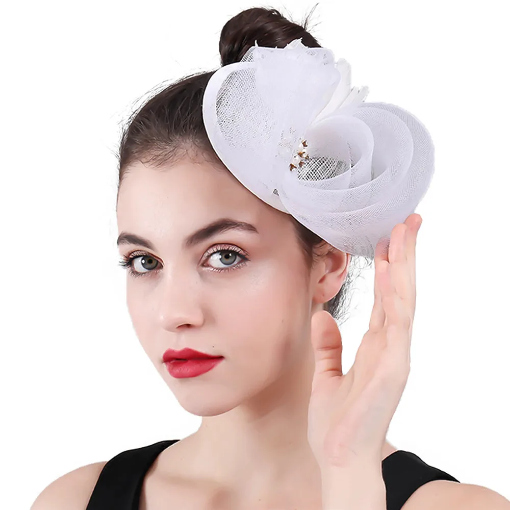 

White Fashion Fascinator Sinamay Hat Women Elegant Wedding Chapeau Cap Hair Clip Bride Marry Headpiece With Fancy Feather Flower