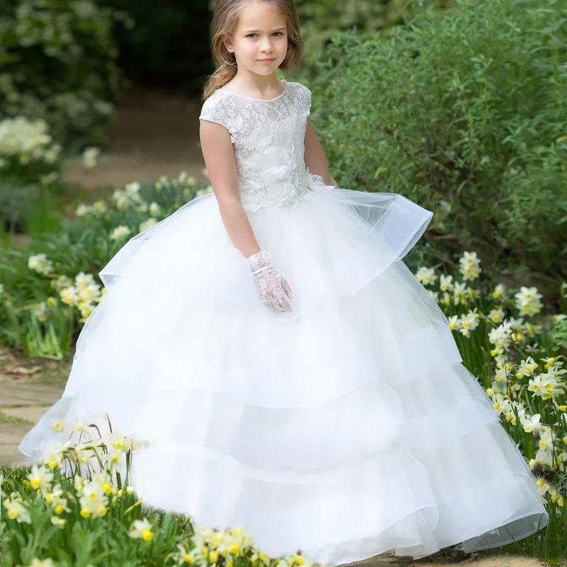 Kids White Wedding Flower Girl Dress First Communion Baptism Princess Special Occasion Ruffle Birthday Party Flower Girls Gown