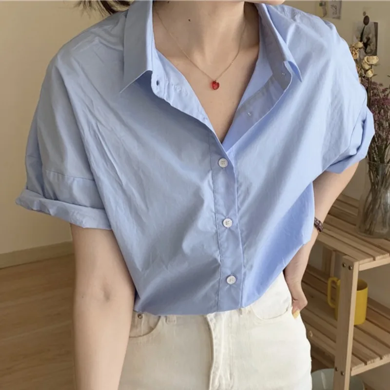 

Summer New Top All Match Solid Shirt Short Sleeve Turn Down Collar Blouse Women Z032