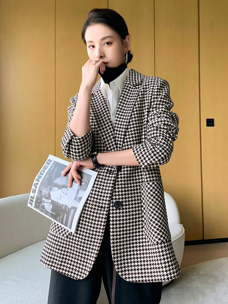 

Houndstooth Woolen Coat Blazer Women's Short Section 2021 Autumn And Winter New Temperament All-Match Thick Plaid Suit Jacket