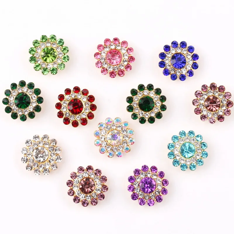 14mm Blumenförmige runde Glaskristall-Strasssteine mit goldener Basis, flache Rückseite zum Aufnähen, Strassperlen, DIY-Verzierung – Detail 1