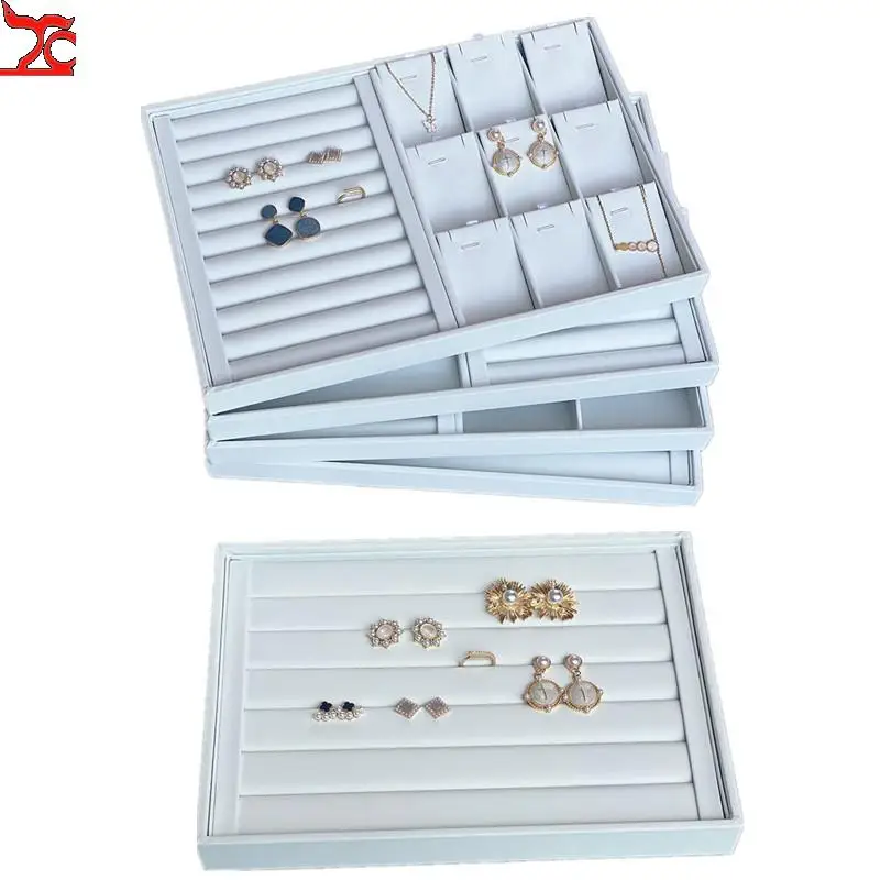 

White Pu Leather Pendant Trays Jewelry Cases &displays Multifunction Ear Stud Ring Bracelet Bangle Holder Window Showcase