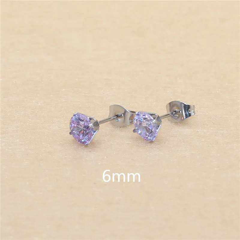 6mm AAA Round Colorful Purple Zircons Stud Earrings With Stianless Steel Needle Brief Jewelry 20 Colors For Choose No Allergy