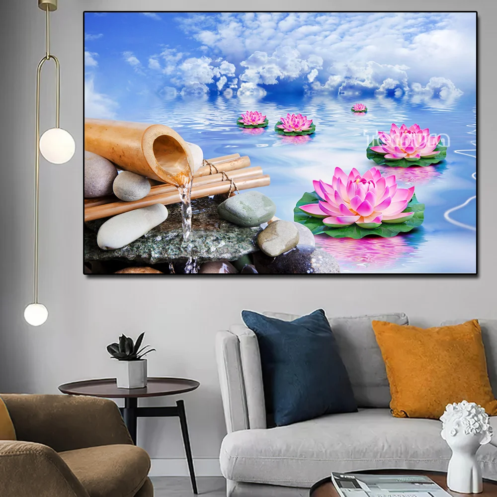 

Full square round Drill Zen Lotus flower diamond painting Cross Stitch bamboo 5D rhinestone mosaic Sky lake diamond inlaid decor