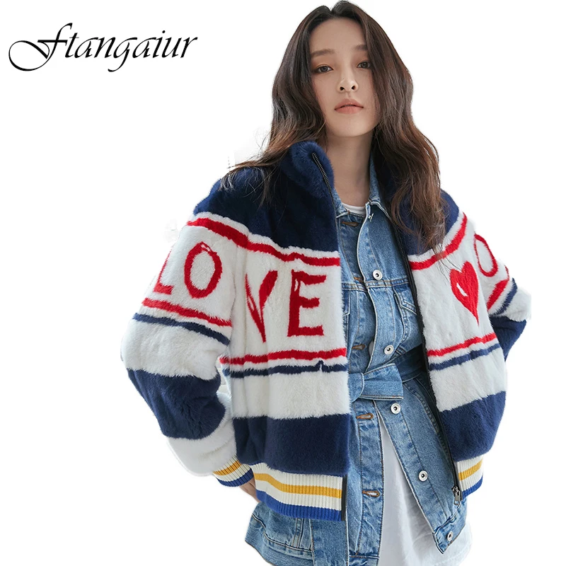 

Ftangaiur Winter Velvet Mink Fur Overcoats For Femal Mandarin Collar Print Letter Mink Coat Women's Short Real Fur Coats