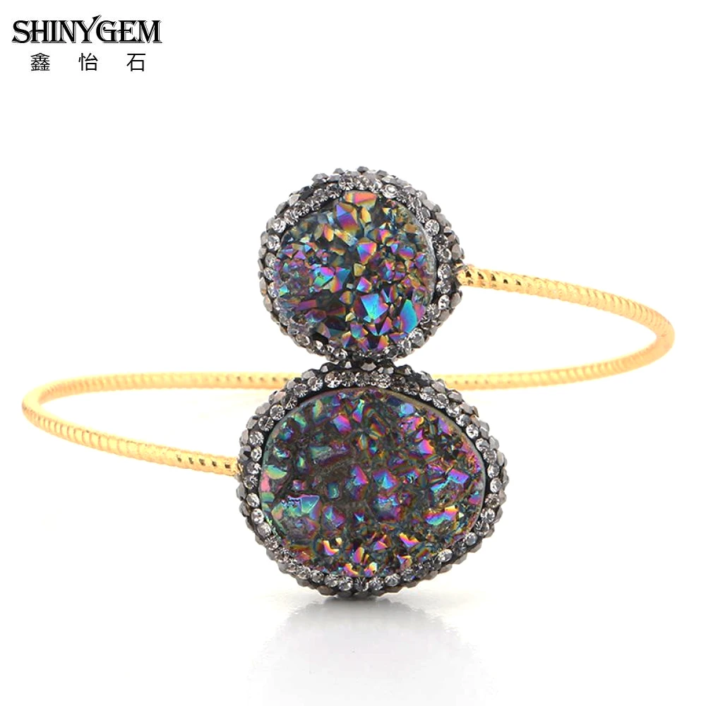 

ShinyGem асимметричный браслет друзы с натуральными кристаллами, регулируемый открытый браслет с позолотой, манжеты с нитью, жеода, драгоценный камень, браслеты для женщин