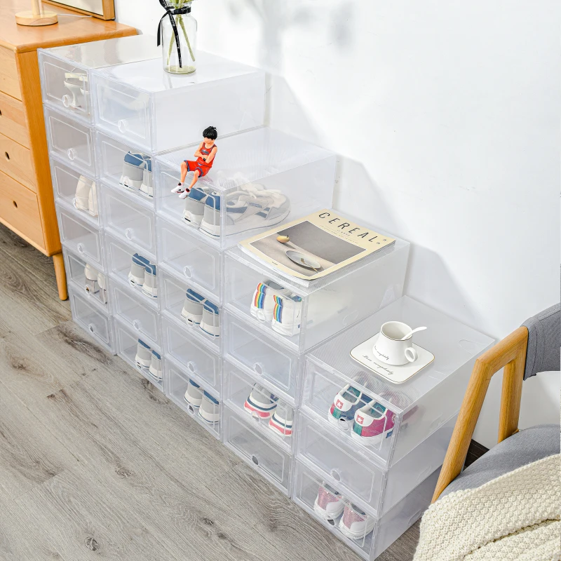 6 Pack Transparent shoe box shoes organizers thickened foldable Dustproof storage box Stackable combined shoe cabinet sales