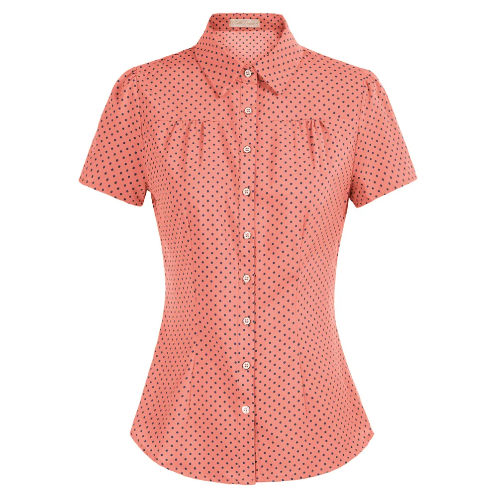 Belle Poque Shirt For Women Retro Polka-Dots Short-Sleeve Blouse Turn Down Collar Curved Hem Shirt Summer Clothes Fashion Ladies